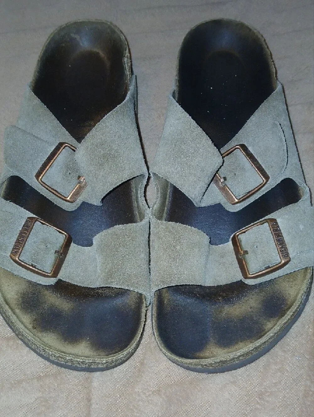 Birkenstock Olive Suede Double-Buckle Sandals with Bronze Buckles Sz: W 10 M 8